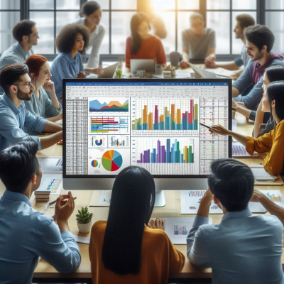 회의 중인 직원들, 컴퓨터 화면에 다양한 그래프 표시