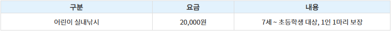 어린이 낚시 요금표
