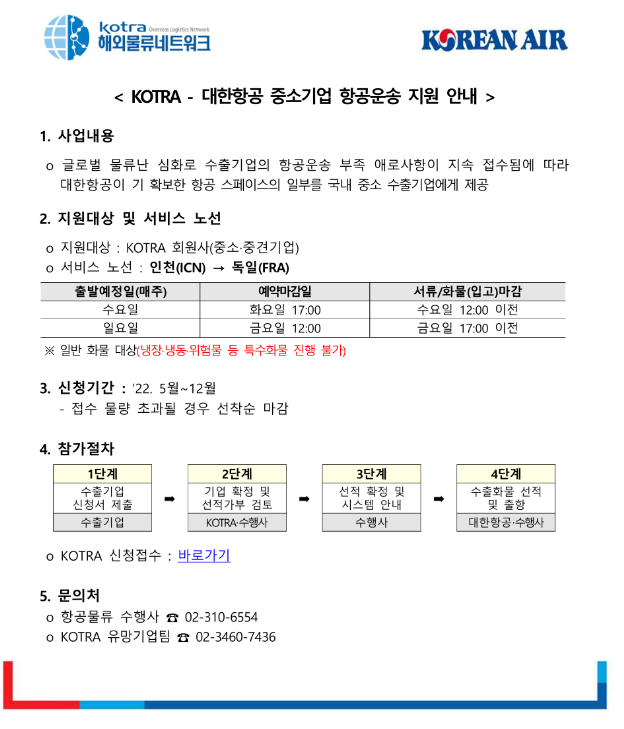  2022년 물류난 대응 대한무역투자진흥공사ㆍ대한항공 중소기업 항공운송 지원 모집 공고