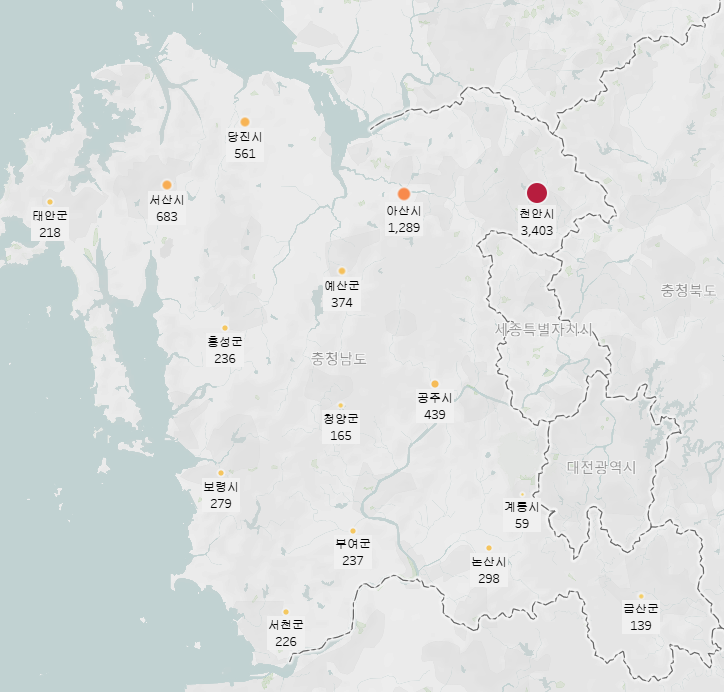 충청남도 시군구별 교통사고 건수 (2023년)