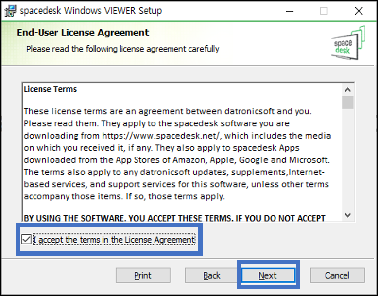 SPACEDESK-뷰어-설치진행