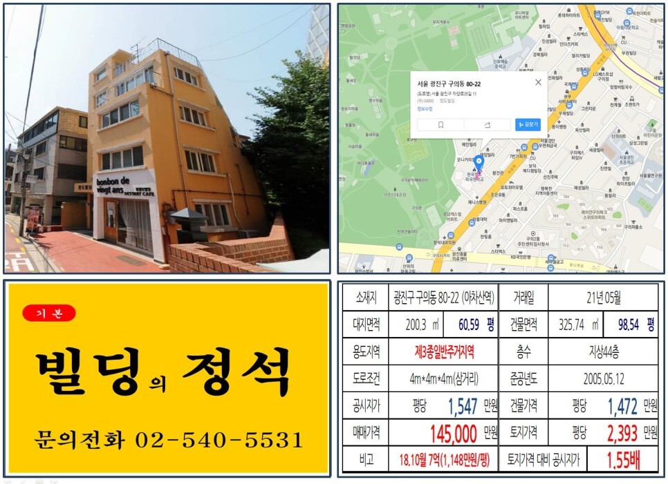  [광진구 구의사거리 10억 올근생 꼬마빌딩 실거래가 조회] 구의동 80-22 (아차산역) 14억 5,000만 원, 평당 2,393만 원 매매되었