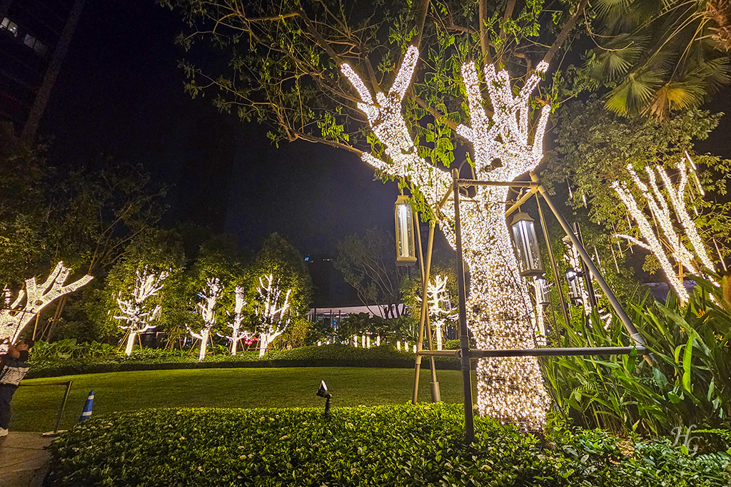 태국 방콕 씬톤 켐핀스키 호텔 Bangkok Sindhorn Kempinski Hotel 해 진 후 야간 정원 불 켜진 나무