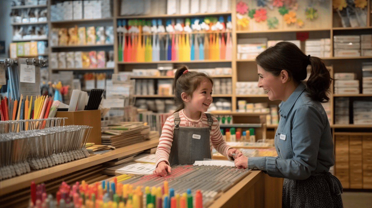 A child and a staff member are having a conversation in a stationery store.