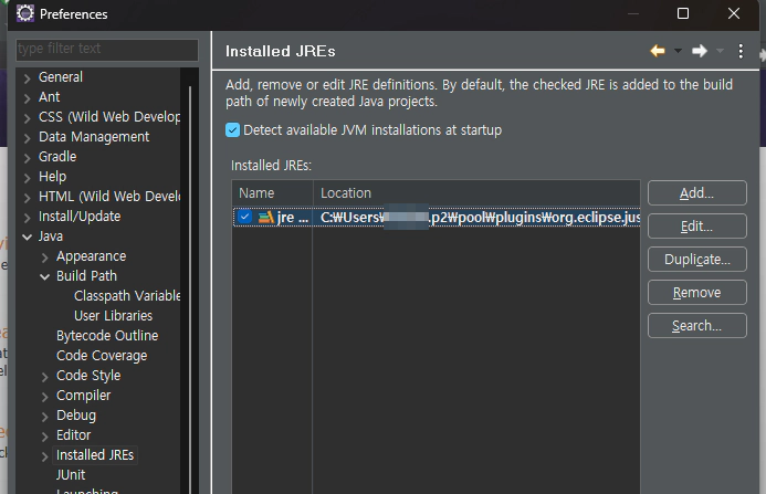 Java → Installed JRES