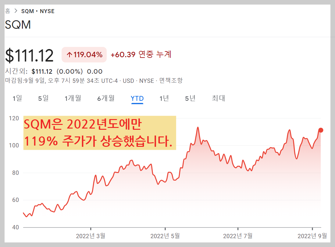 칠레 국영기업 SQM 2022년 주가 추이