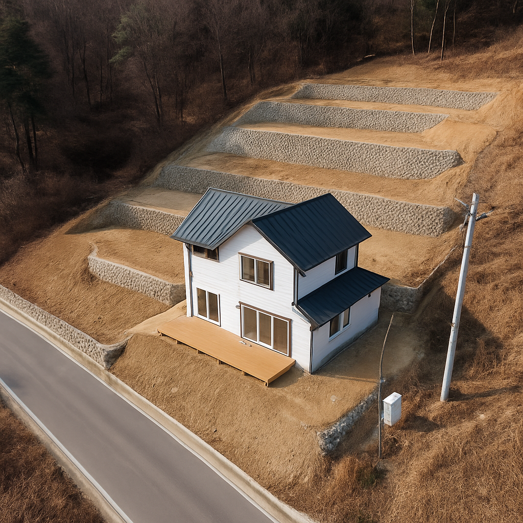 전원주택 부지 항공 사진 - 자연 속에 위치한 부지 전경과 인프라 모습