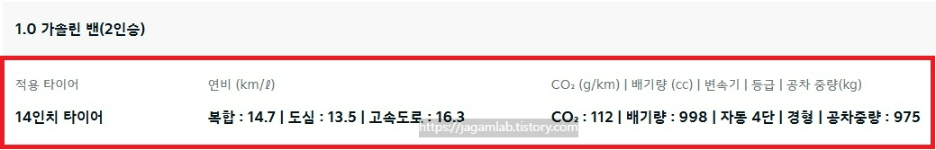 2025 모닝 밴 14인치 휠 연비 및 공차 중량