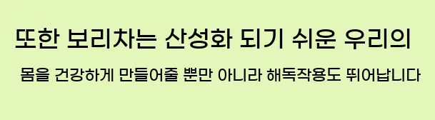  또한 보리차는 산성화 되기 쉬운 우리의 몸을 건강하게 만들어줄 뿐만 아니라 해독작용도 뛰어납니다