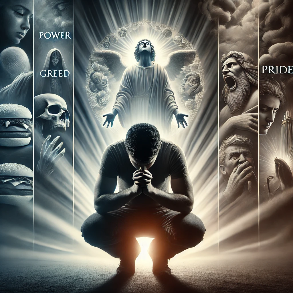 Here is an image illustrating a moment of deep prayer and spiritual resolve&amp;#44; inspired by 2 Timothy 4:7. It portrays the fight against worldly temptations and the triumph of faith&amp;#44; with divine light symbolizing God&amp;#39;s guidance and strength.