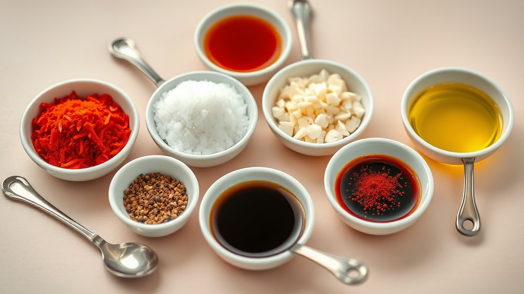 양념 재료(고춧가루, 고추장, 간장, 설탕, 다진 마늘, 맛술, 후춧가루, 들기름)들이 작은 그릇에 각각 담겨 계량스푼과 함께 예쁘게 배치된 모습.