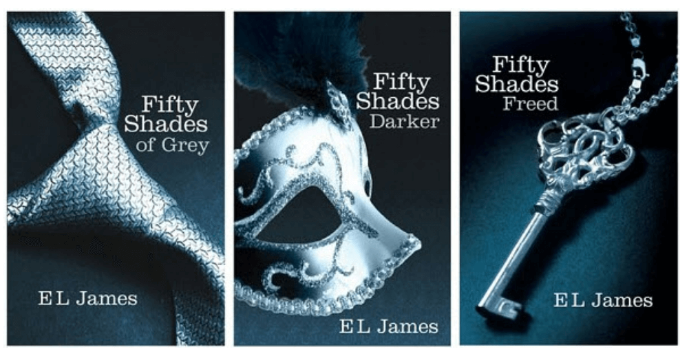 E.L. 제임스의 50가지 그림자 소설 3가지 표지가 나와 있는 사진