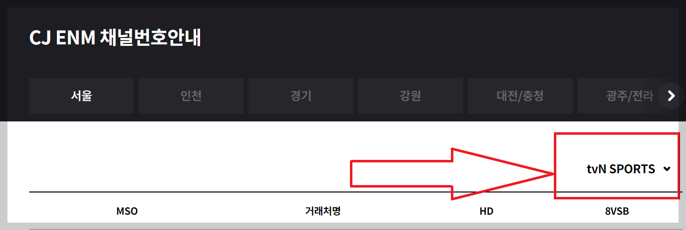tvN SPORTS 채널 번호