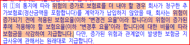 계약후 알릴의무위반에 따른 위험의 증가로 보험료를 더 내야 할 경우(약관 예시)