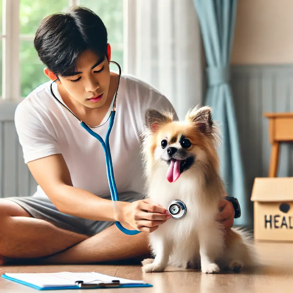 빠르게 숨 쉬는 반려견 옆에서 청진기를 들고 건강 노트를 확인하는 동양인 젊은 남성