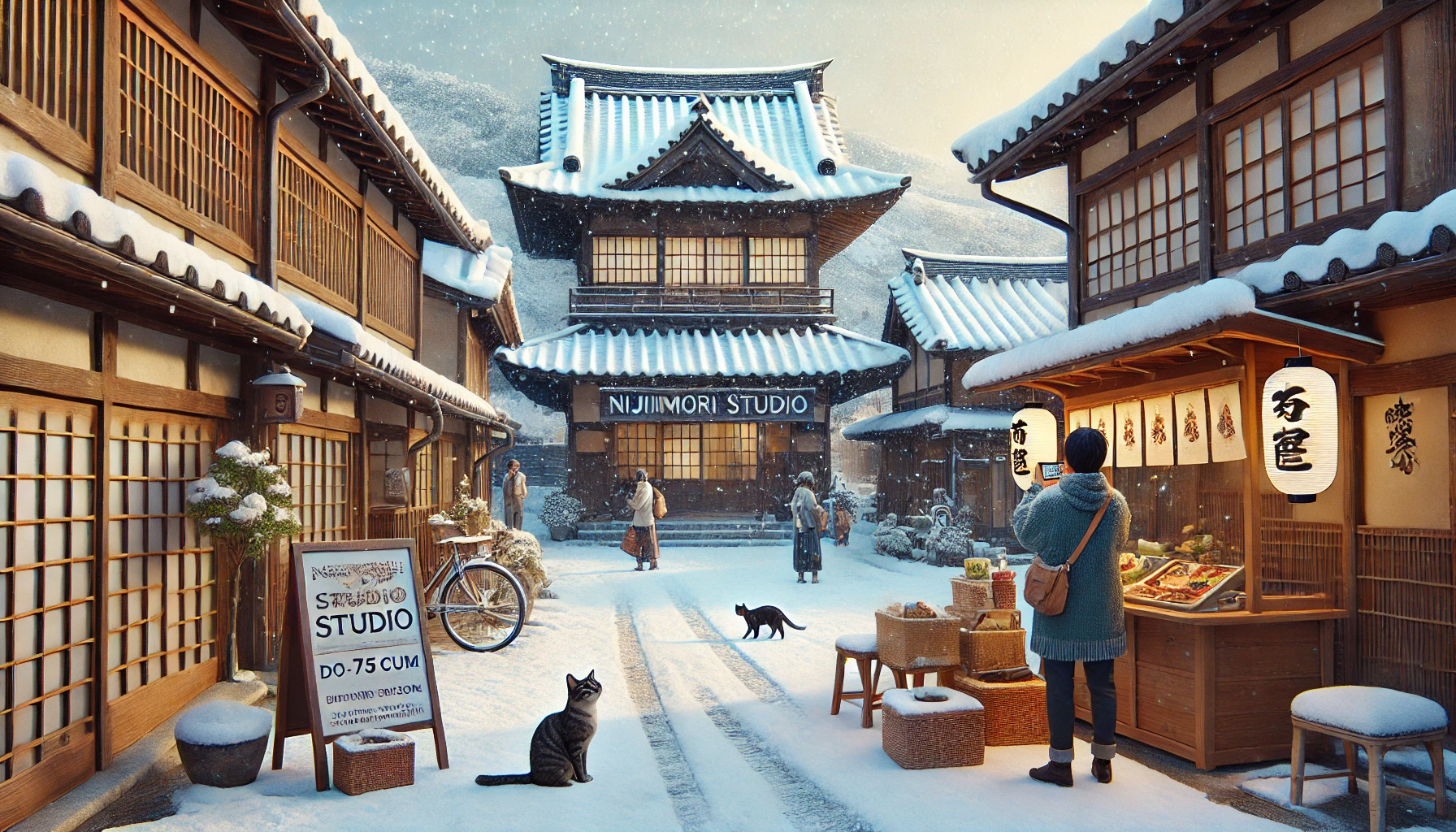 2025년 3월 초, 7.5cm의 눈이 쌓인 니지모리 스튜디오의 겨울 풍경. 전통 일본식 건물과 눈 덮인 정원, 고양이들이 어우러진 평화로운 장면.