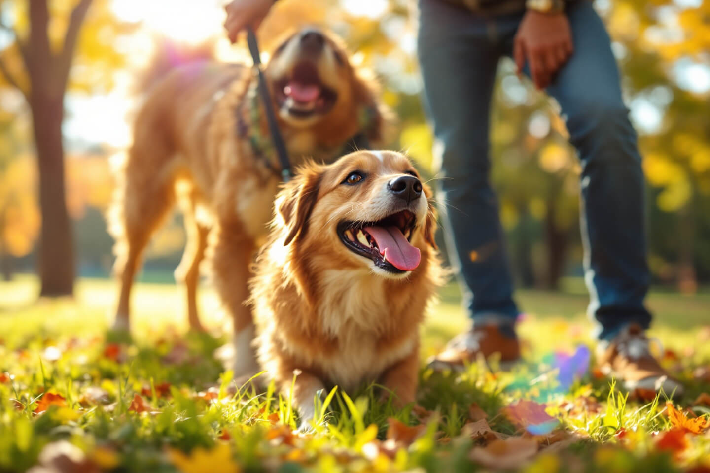 happy healthy dog playing in park with owner