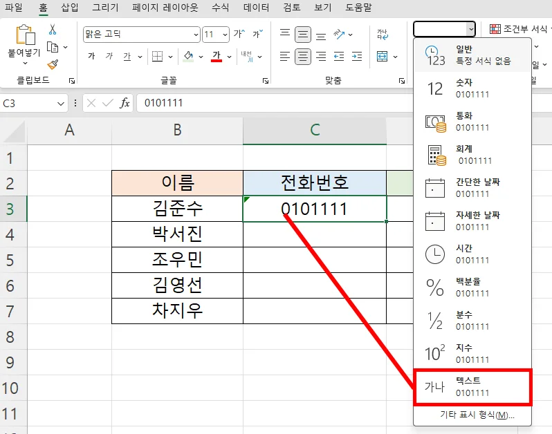 엑셀 표시 형식에서 텍스트를 선택하는 모습