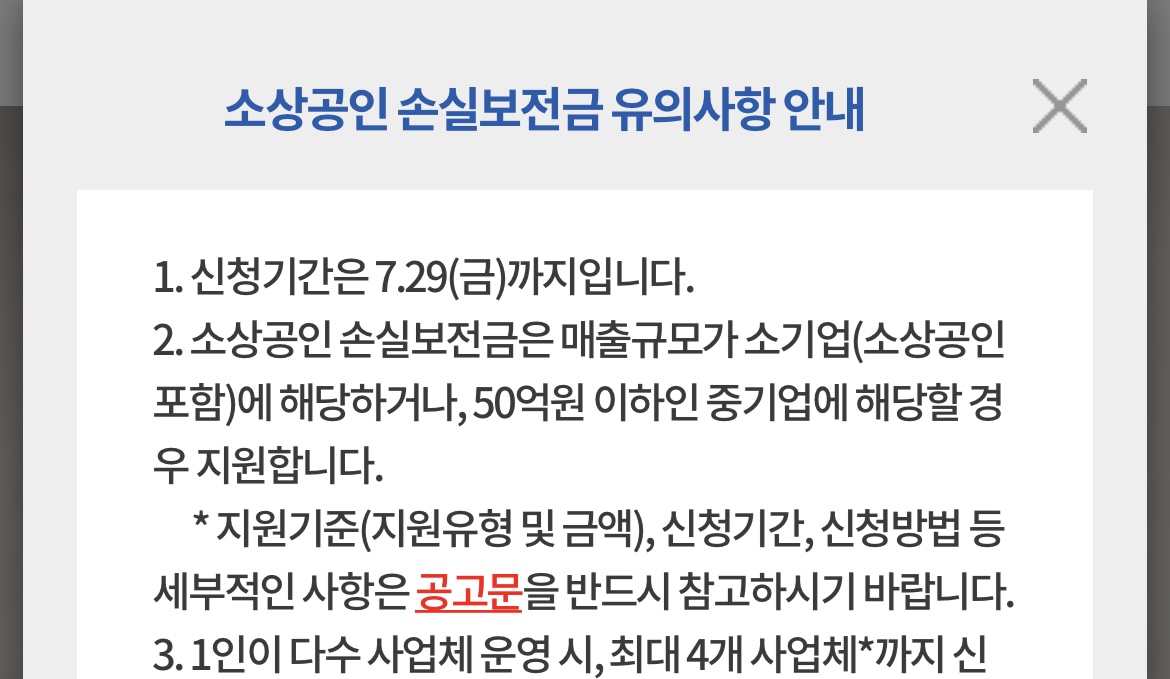 소상공인손실보전금 신청 유의사항 내용