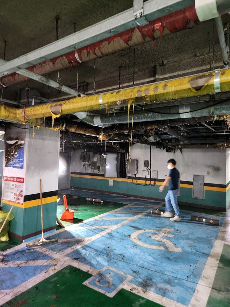 The underground parking garage after the fire was extinguished