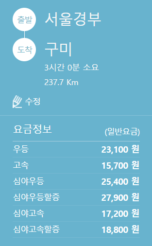 서울-구미버스요금표