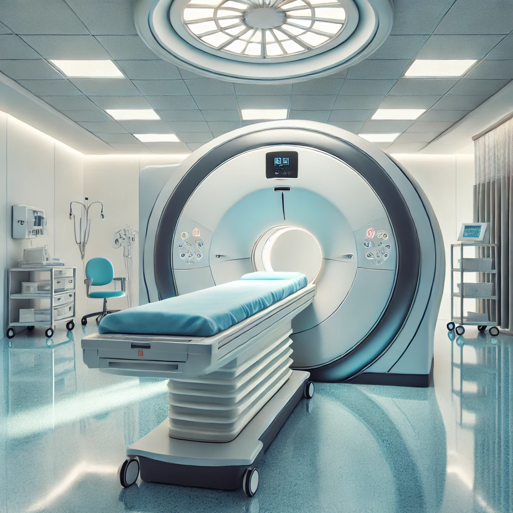 병원의 MRI 기계가 있는 밝고 깨끗한 검사실