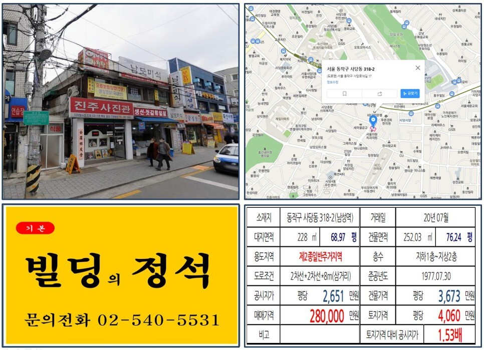  [동작구 20억 꼬마빌딩 실거래가 조회] 사당동 318-2 (남성역) 28억 원, 평당 4,060만 원 매매되었습니다. 사당,이수 복합환승센터, 서리풀터널, 사당시장