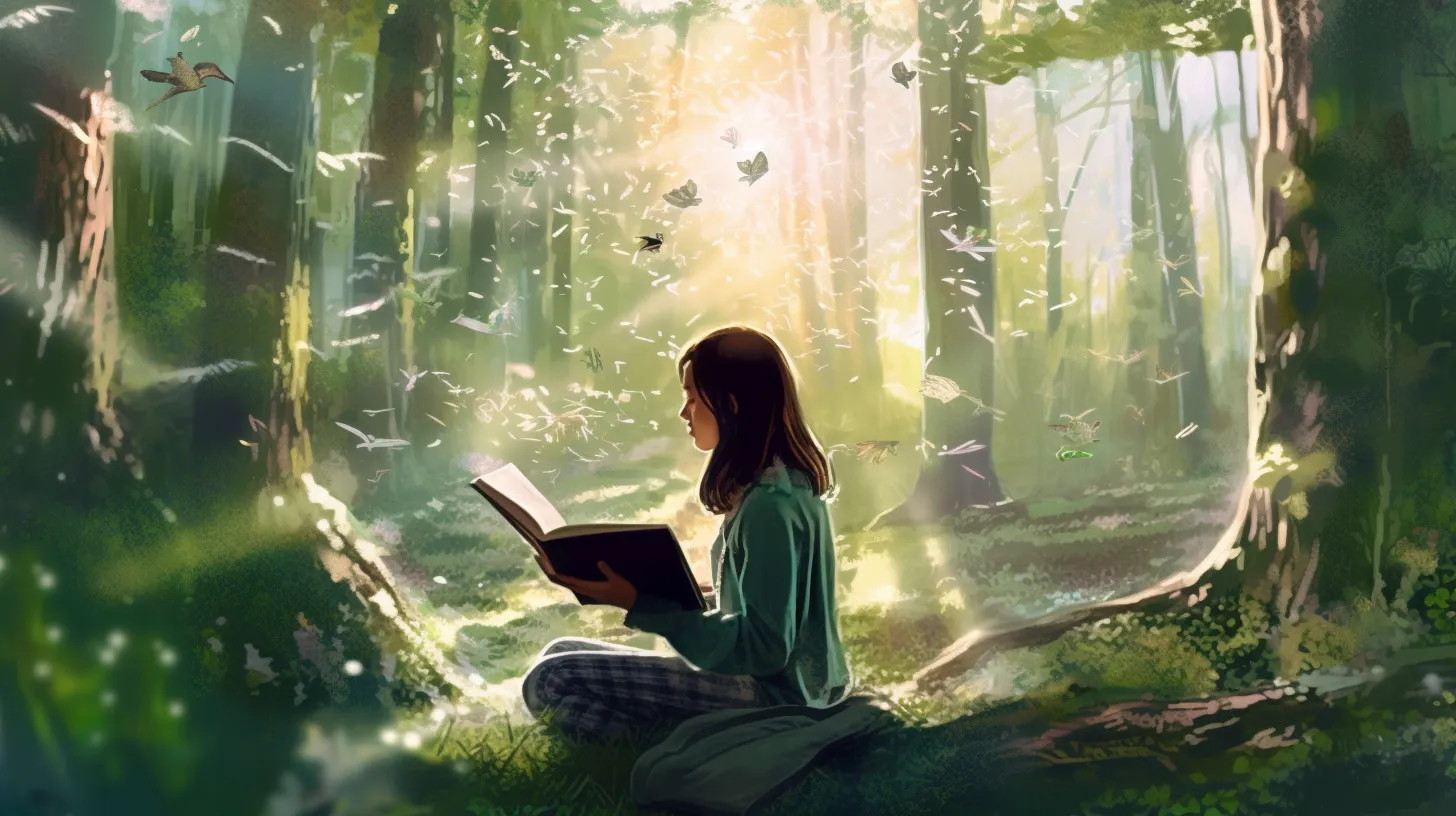 A woman studying environmental English vocabulary in a lush forest setting.