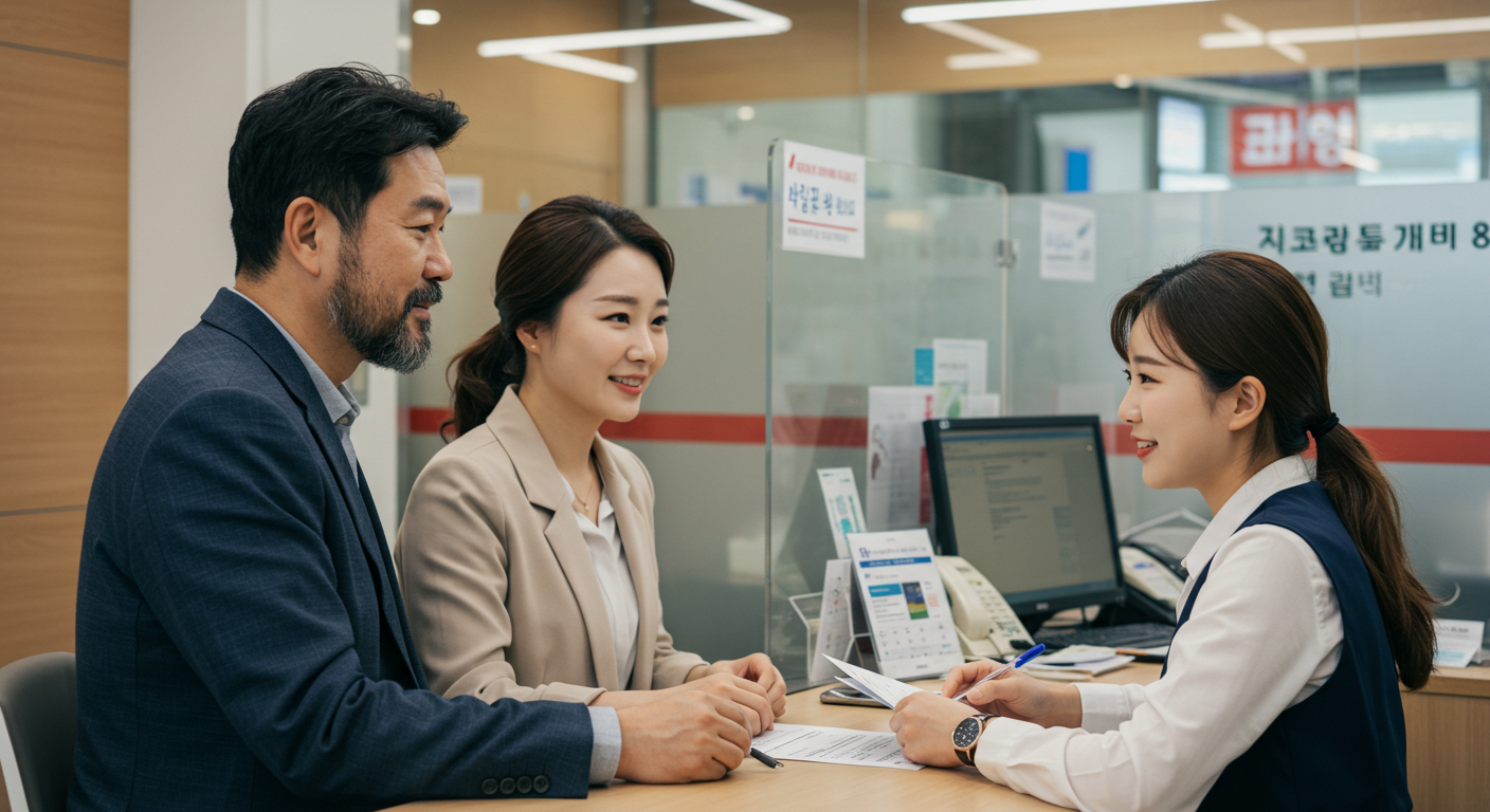 한국의 은행 창구에서 대출 상담을 받고 있는 중년 부부