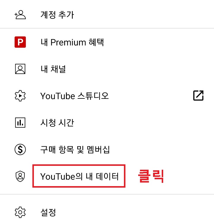 하단의 유튜브 내 데이터를 클릭함