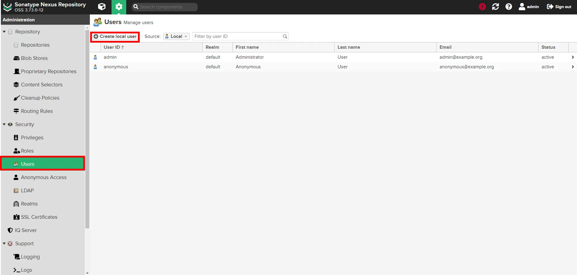 Nexus 적용기: Repository 업로드부터 사용 방법까지 - undefined - User 생성 - 1. 좌측 메뉴에서 Security > Users 메뉴 선택 후 Create local user 버튼 클릭 Nexus 적용기: Repository 업로드부터 사용 방법까지 - undefined - User 생성 - 1. 좌측 메뉴에서 Security > Users 메뉴 선택 후 Create local user 버튼 클릭