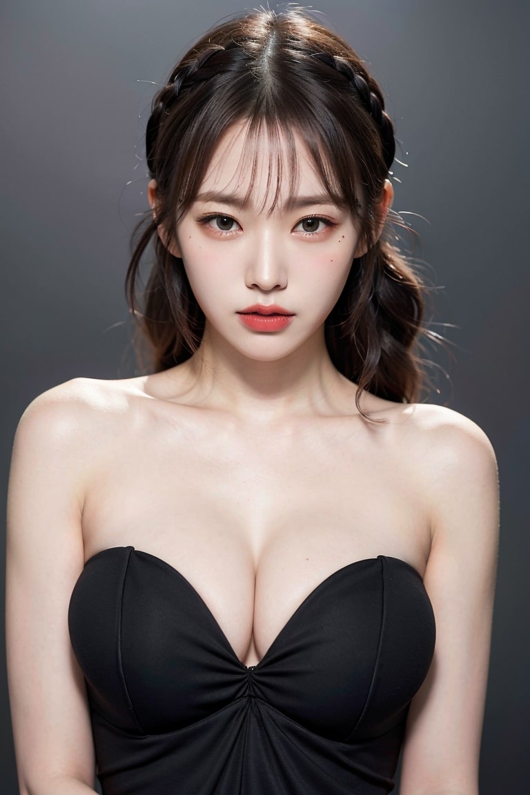  버스트샷 블랙 스트랩리스 드레스 입은 AI여자 만들기 그리기