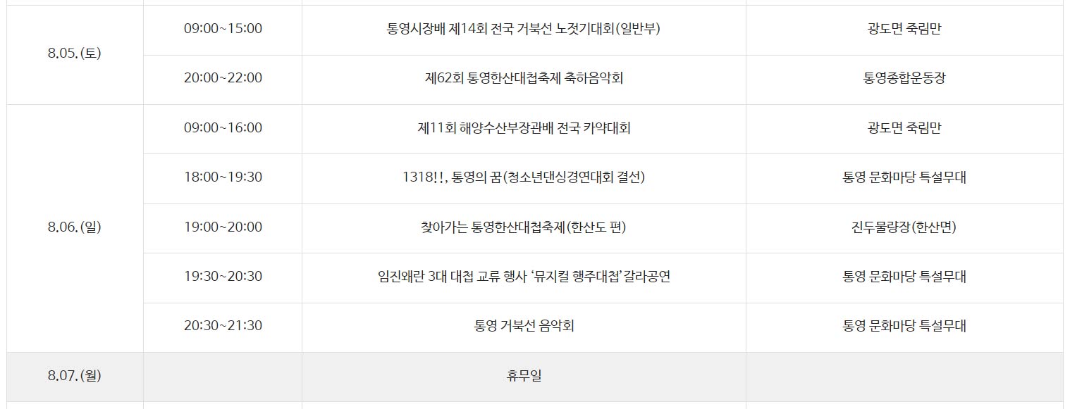 2023 통영한산대첩축제 행사 프로그램 일정 주차장 식당 숙소