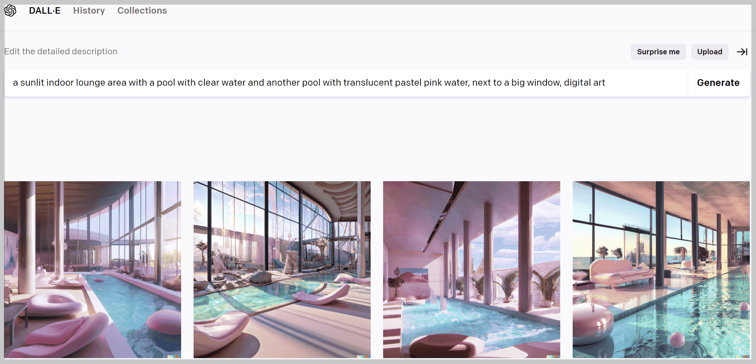 달리 프롬프트: A sunlit indoor lounge area with a pool with clear water and another pool with translucent pastel pink water&#44; next to a big window&#44; digital art