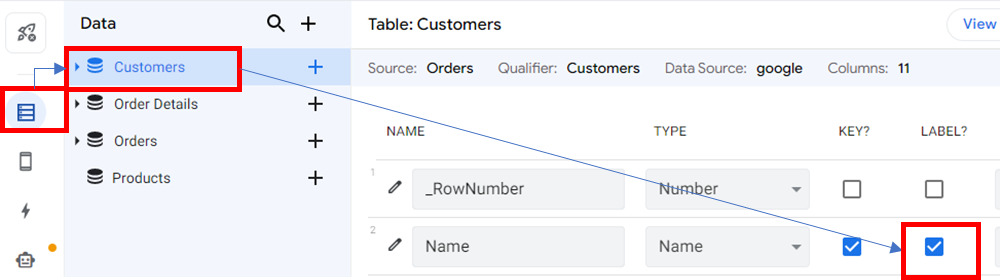 Name 타입이면서 Label 로 지정된 Name 항목이 있는 Customers 테이블