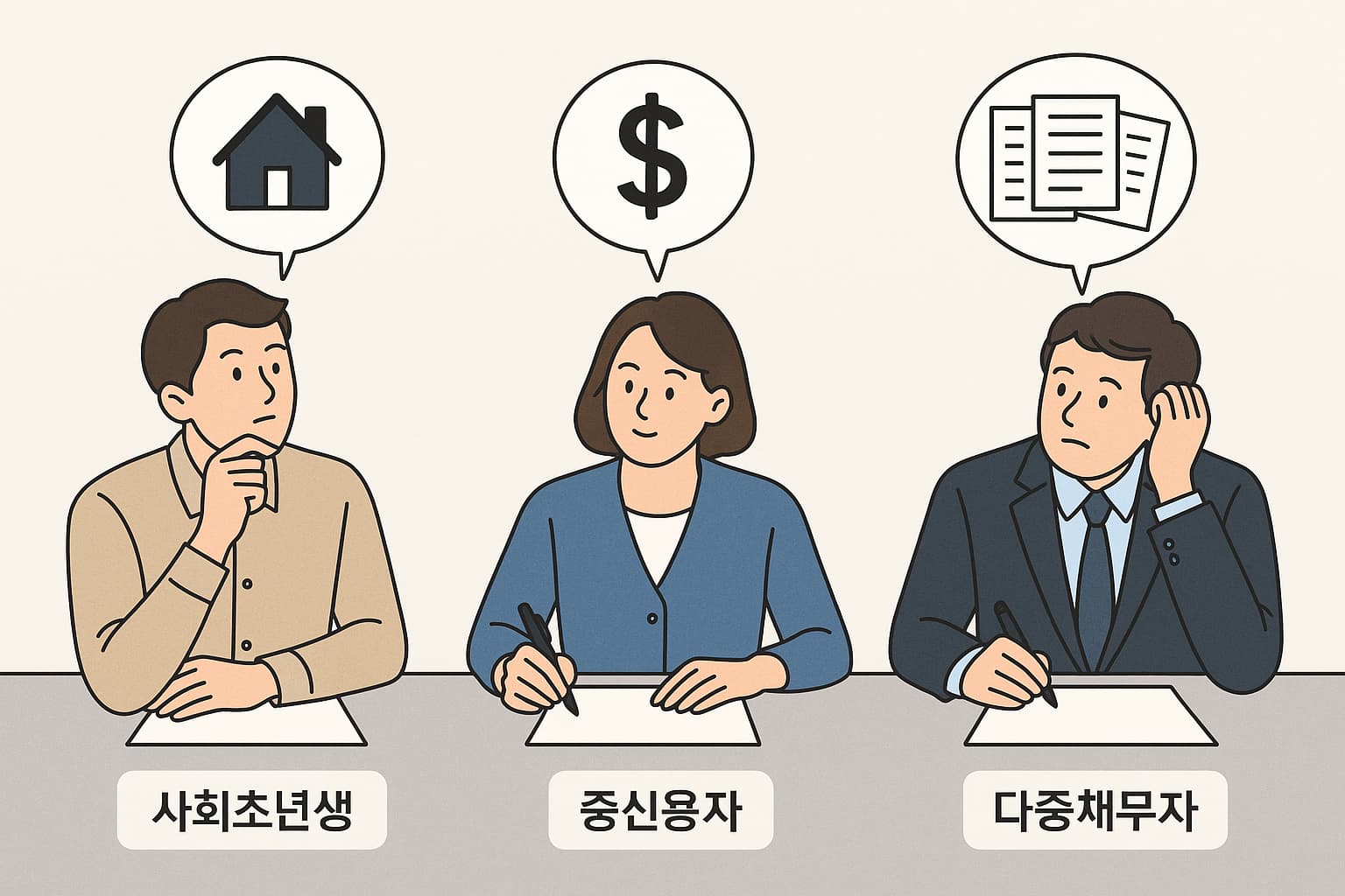 사회초년생, 중신용자, 다중채무자가 각각의 상황에서 대출 전략을 고민하고 있는 장면