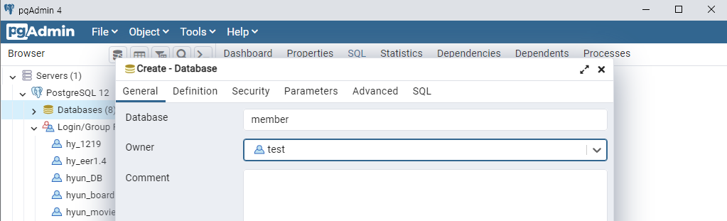 Database 이름 및 Owner 설정