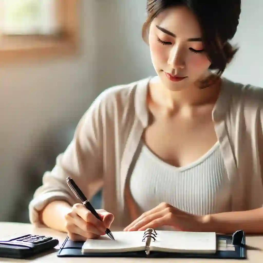 장애인 연금 신청 준비 중 꿀팁을 메모하는 30대 한국인 여성