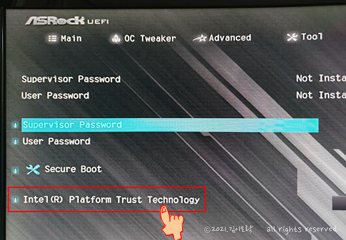 ASROCK 메인보드 BIOS에서 TPM 찾기