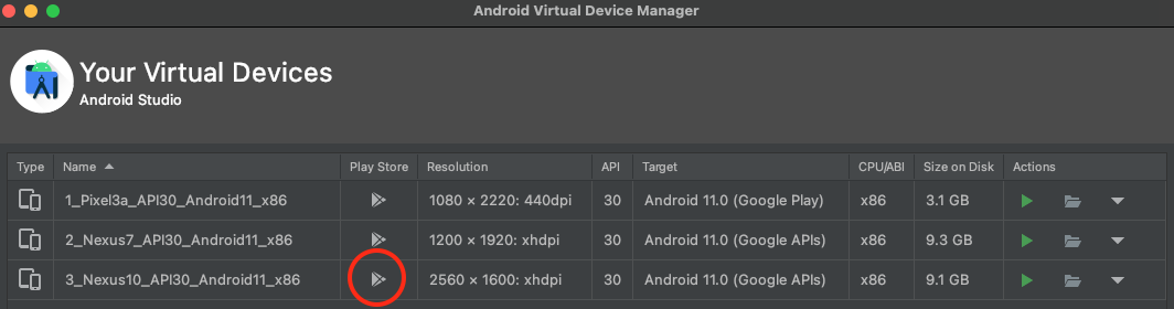 Android Virtual Device Manager에서 Play Store가 활성화 된 모습