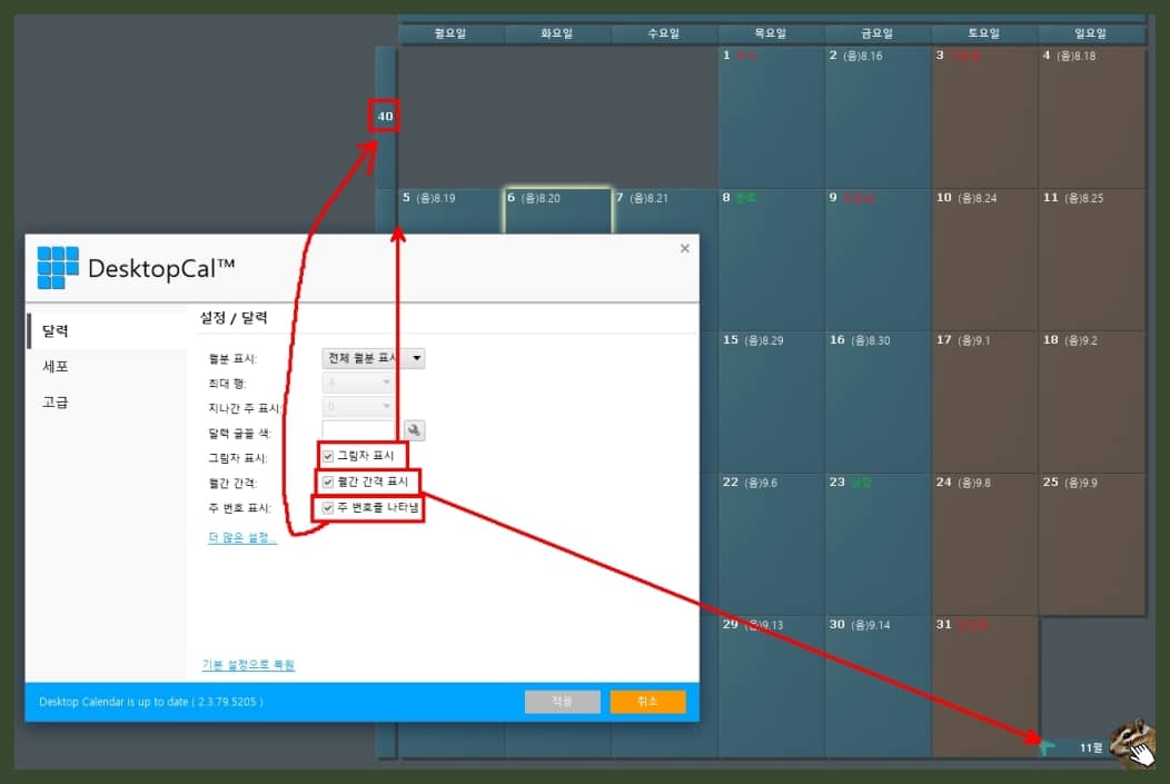 달력 세팅 방법:그림자&#44; 월간 간격&#44; 주 번호 표시