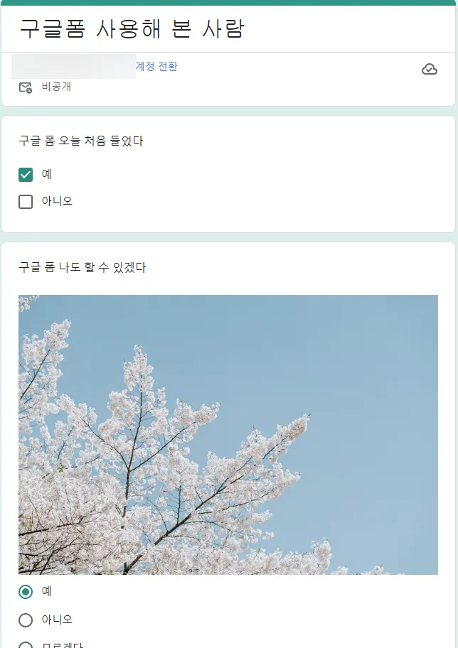 구글폼 설문지를 받았을 때 실제 모습