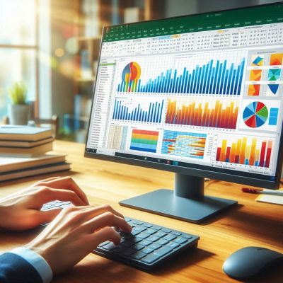 여러 개의 차트와 그래프가 포함된 Excel 파일을 작업하는 모습입니다.
