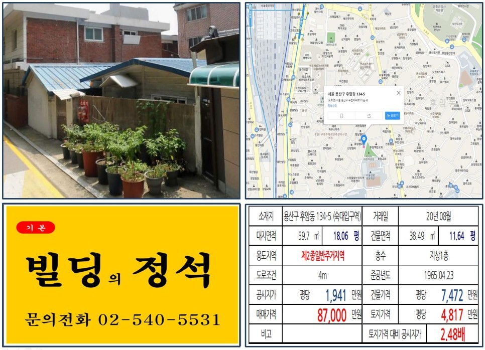  [용산구 후암1구역 재개발 8억 꼬마빌딩 실거래가 조회] 후암동 134-5 (숙대입구역) 8억 7,000만 원, 평당 4,817만 원 매매되었습니다.