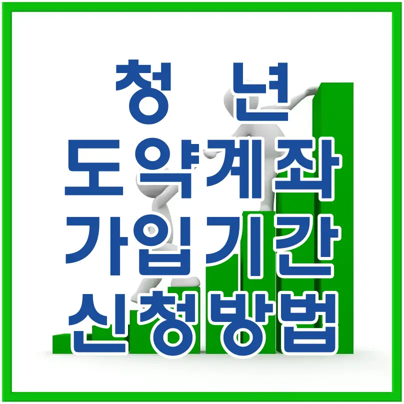 초록색 테두리 안 흰바탕 가운데 초록색 상승 막대그래프 위를 서로 도와주며 올라가는 흰 인형 앞 파란글씨 청년도약계좌 가입기간 신청방법