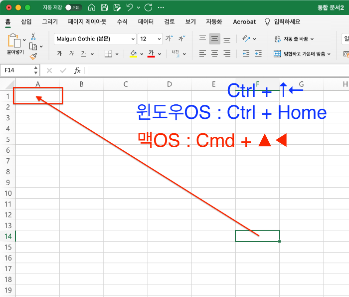 다시 처음 위치로 셀 포인터 한 번에 이동하기