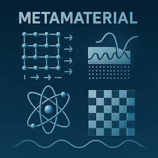 METAMATERIAL’이라는 제목 아래, 격자 구조에 화살표가 표시된 도식, 전자기파와 상호작용하는 표면 구조, 원자 모형, 그리고 체스판 모양 배열이 2x2로 배열되어 있는 이미지. 배경은 짙은 파란색이며 하단에는 물결 모양의 전자기파가 나타나 있다.