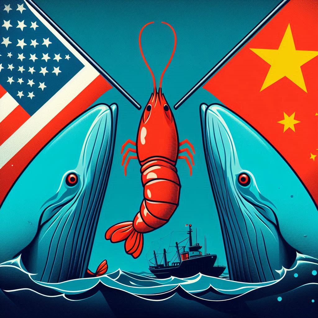 Symbolic illustration of a small shrimp being squeezed between two giant whales (representing USA and China), set against a backdrop of clashing flags and rare earth element symbols. The overall mood is tense and worried. Minimalist vector art style.