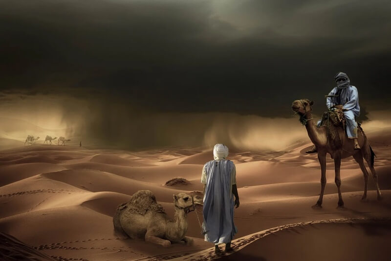 사막을 가고 있는 낙타와 사람들