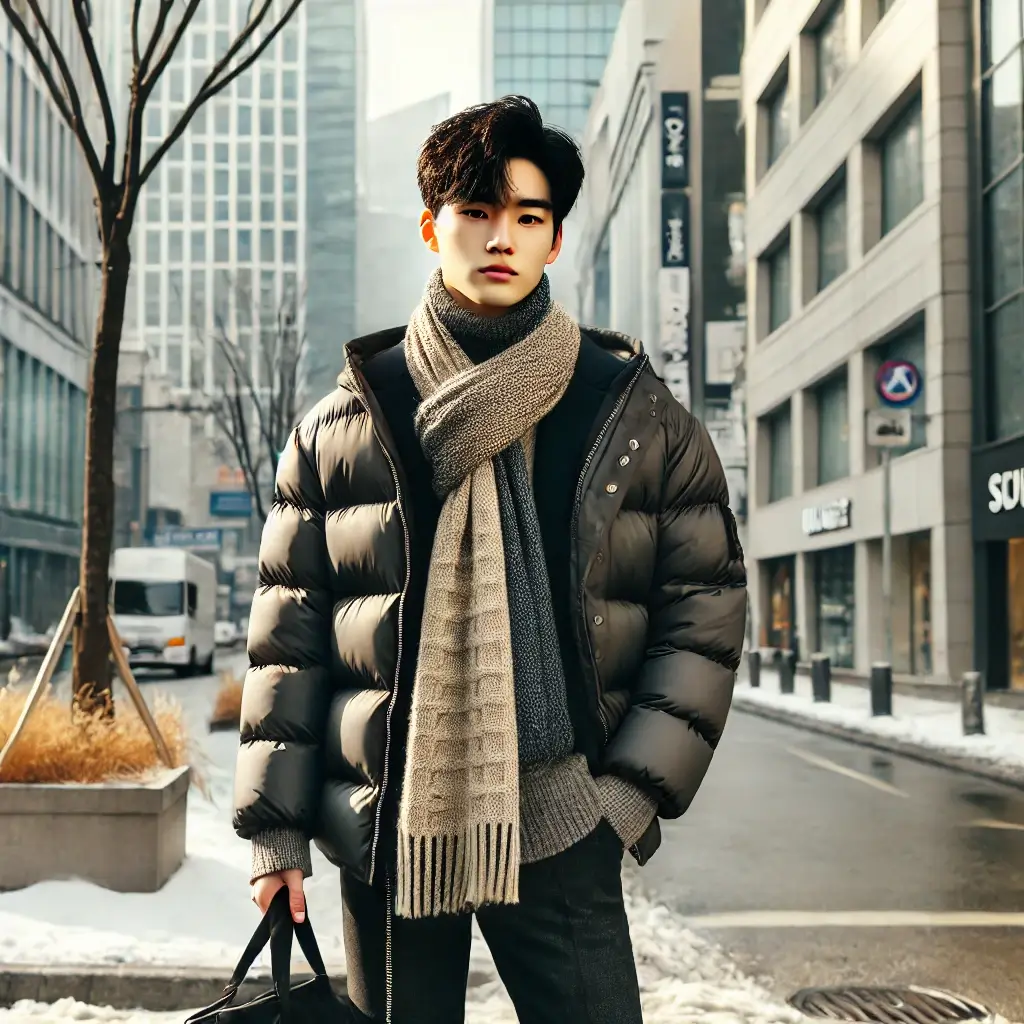겨울 도심에서 패딩과 스카프 착용